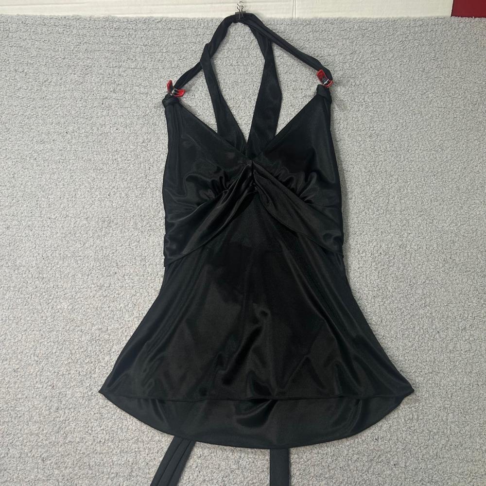 Heart Moon Star Halter Top S Black Y2K Satin Sheer Baddie Aesthetic